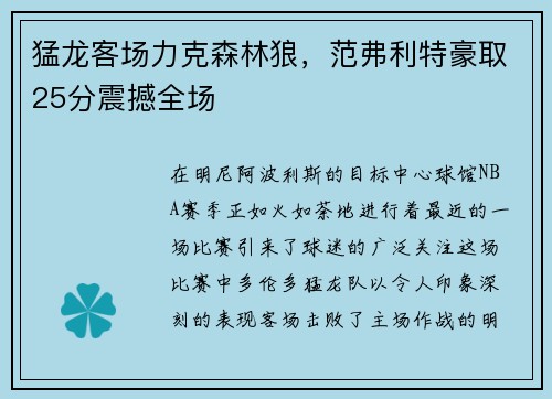 猛龙客场力克森林狼，范弗利特豪取25分震撼全场